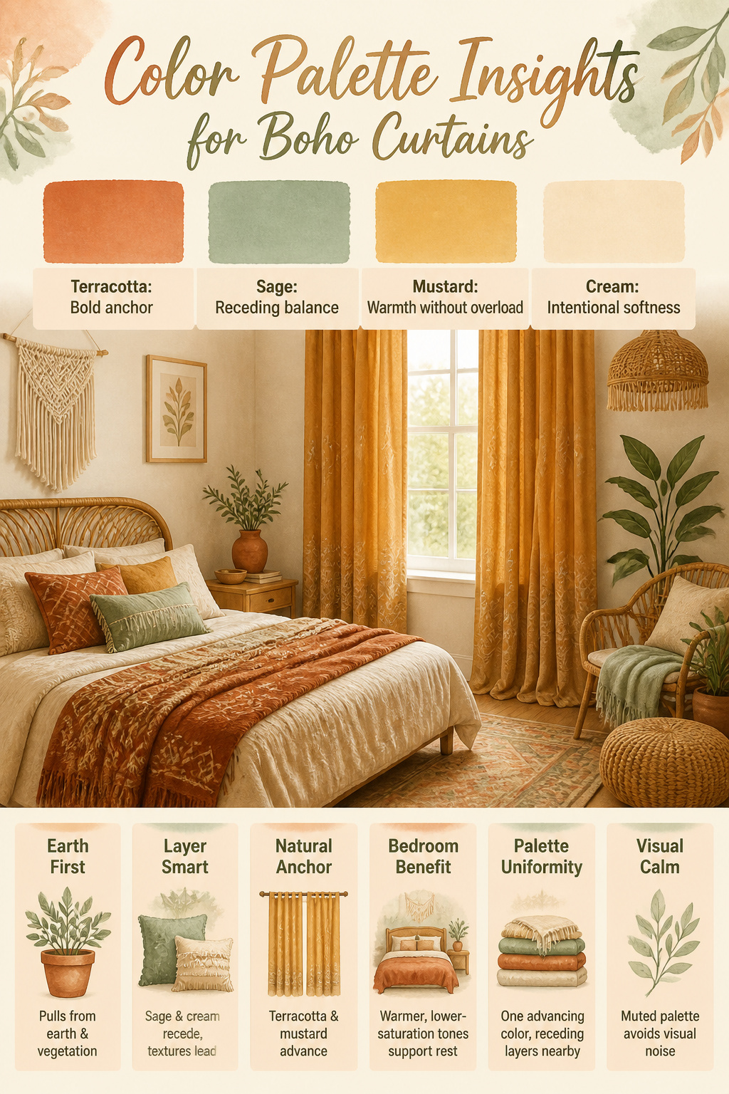 Curtains in terracotta, sage green, mustard, and cream colors.