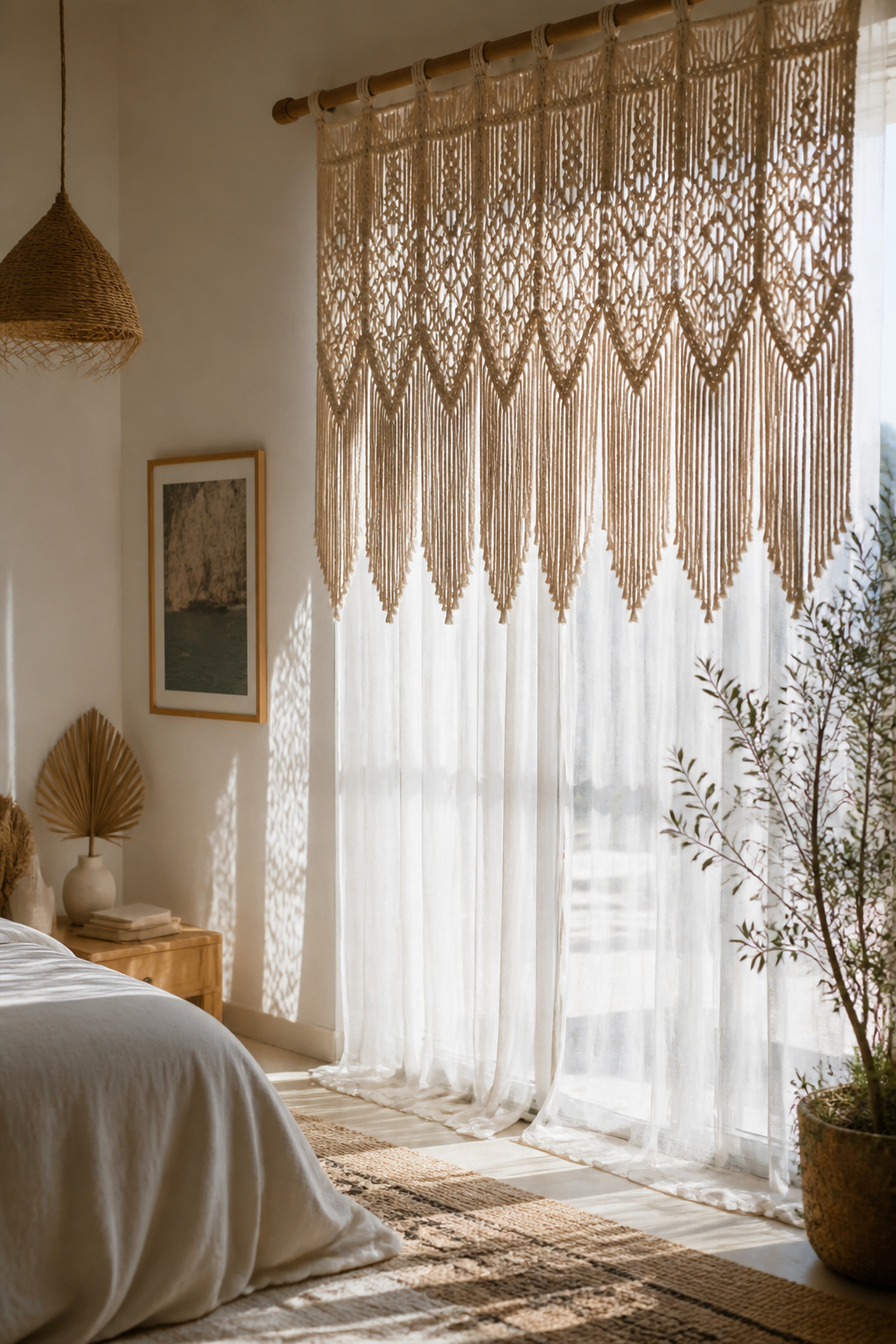 Intricate macrame curtain hanging above a sheer curtain at a window.
