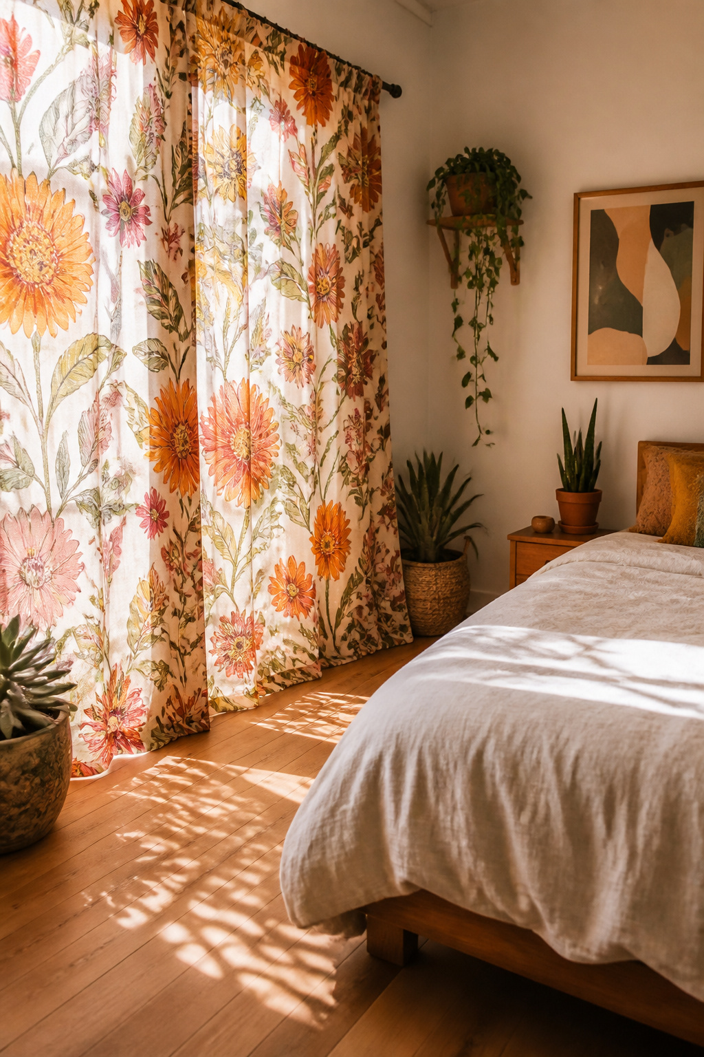 Curtains with floral patterns hanging at a window in a boho bedroom.