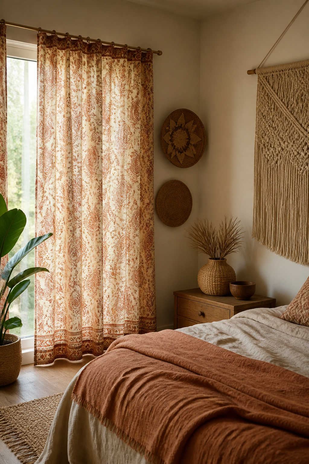 Block printed curtains with paisley designs hanging from a window.