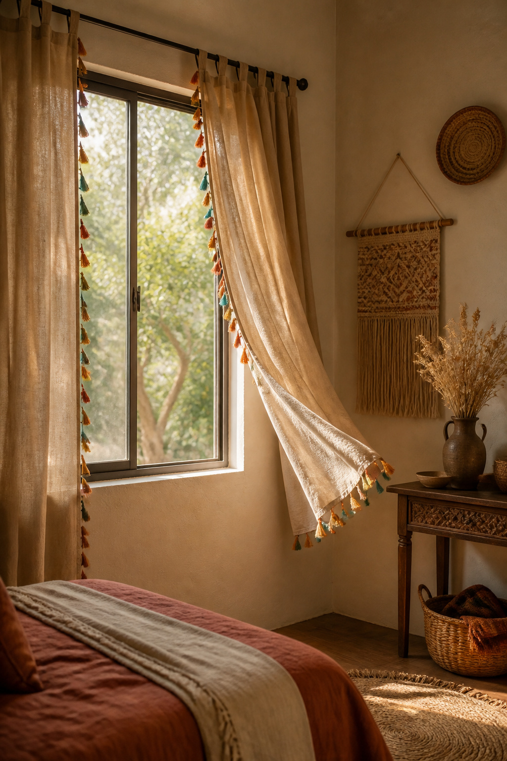 Curtains with colorful tassel trim hanging at a window.