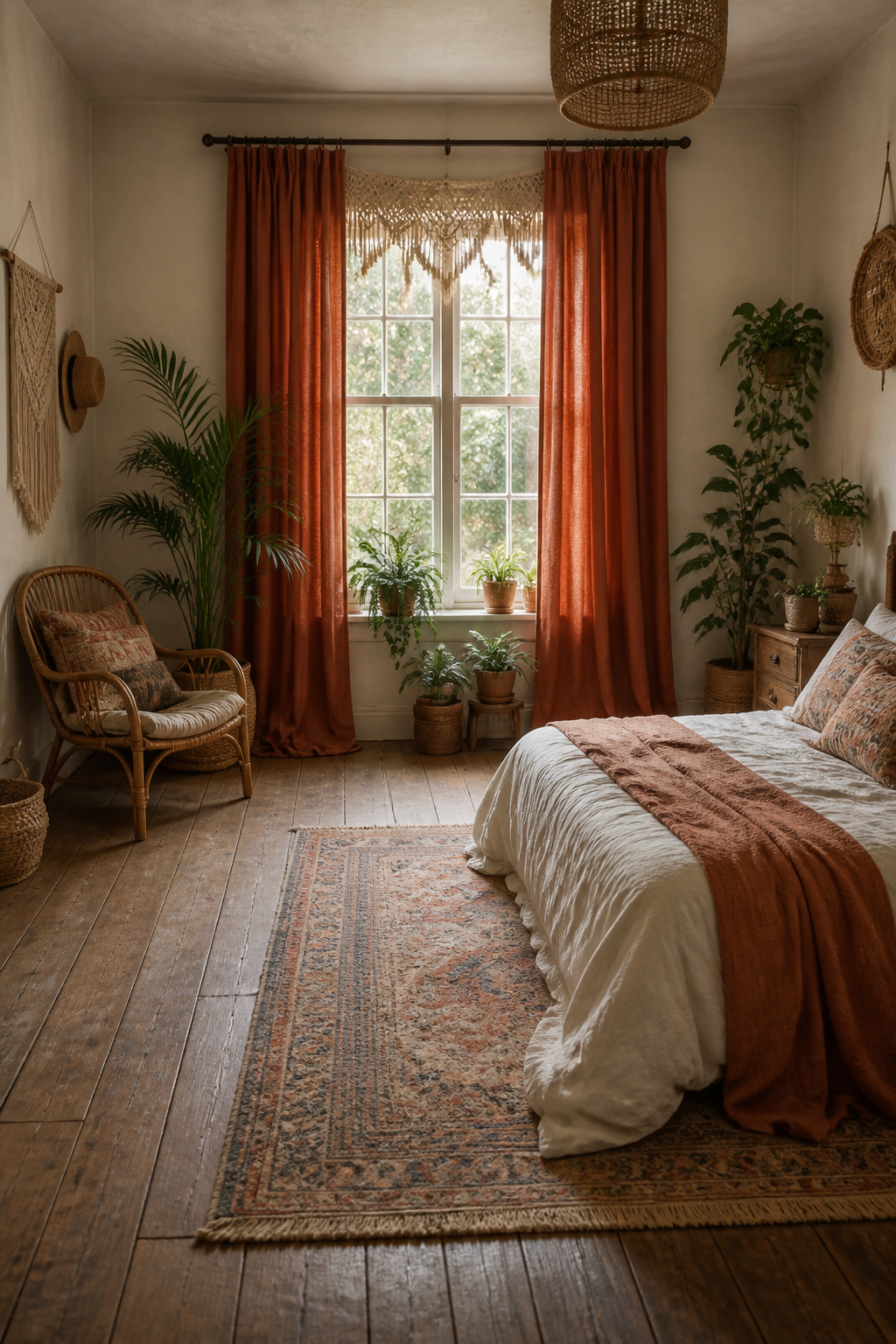 Solid curtains in earthy tones hanging at a window.