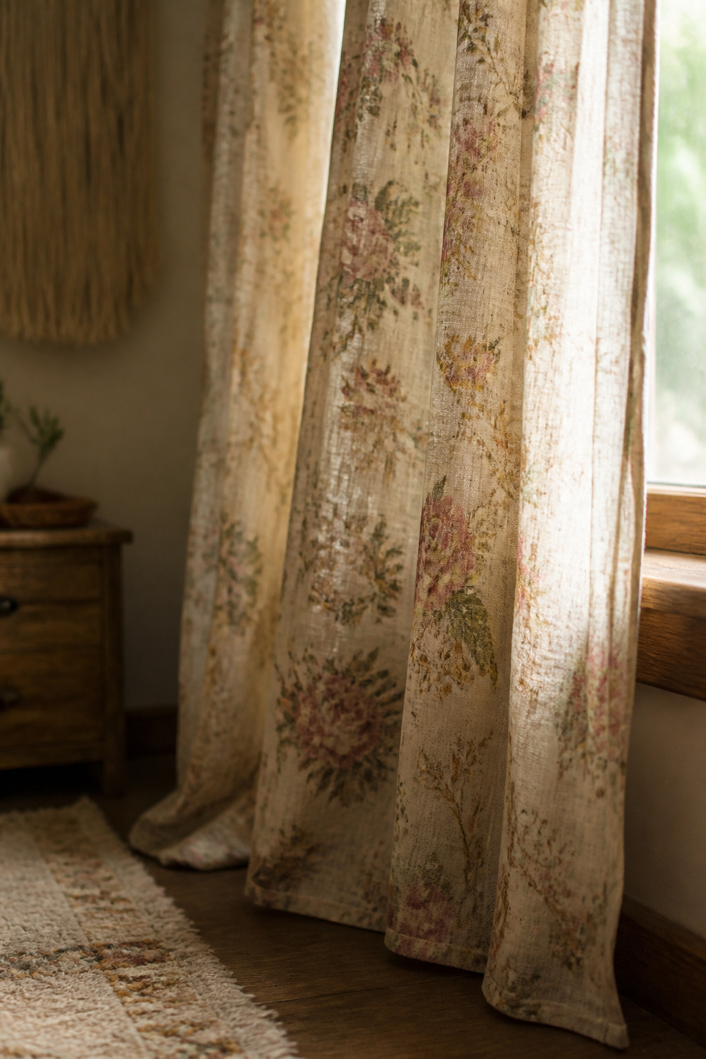 Vintage curtains with oversized prints hanging at a window.