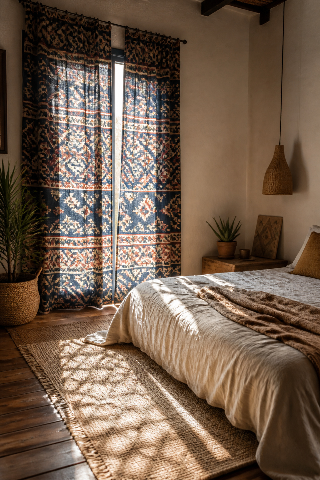 Boldly patterned Moroccan curtains hanging from a window.