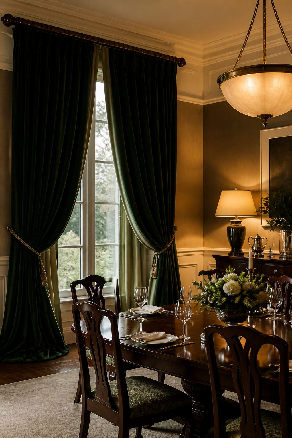 Formal dining room with tall windows framed by velvet curtains.