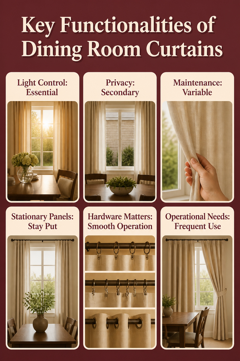 Key functionalities of dining room curtains displayed in an image.