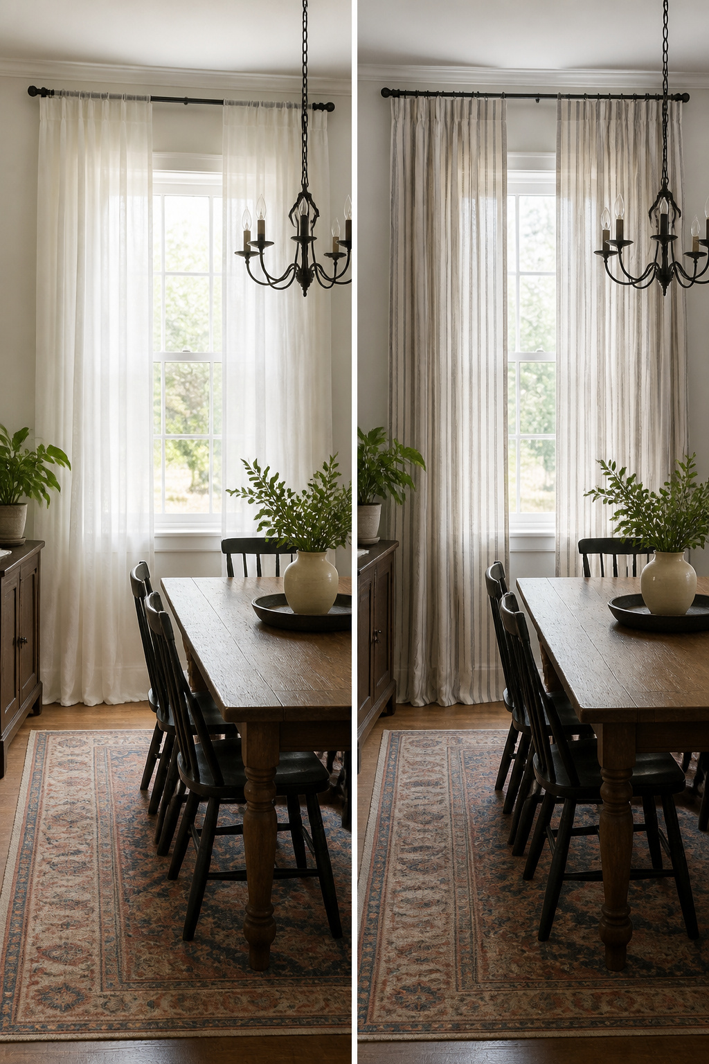 Dining room with plain-weave cotton curtains in warm white.