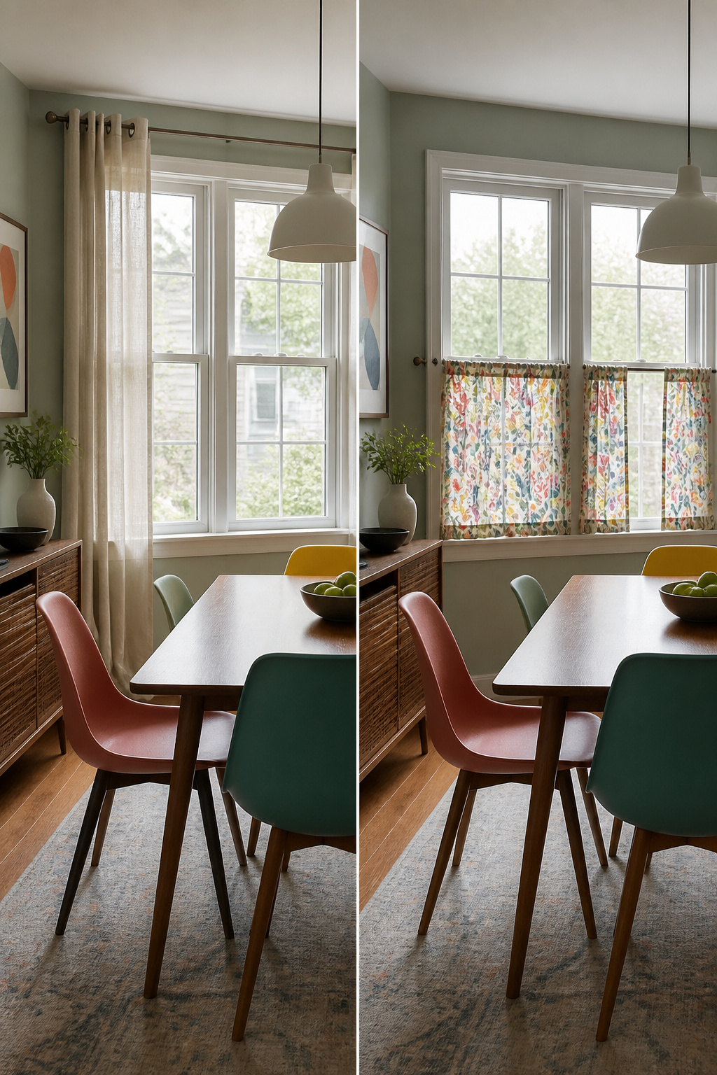 Dining room with short cafe curtains brushing the sill.