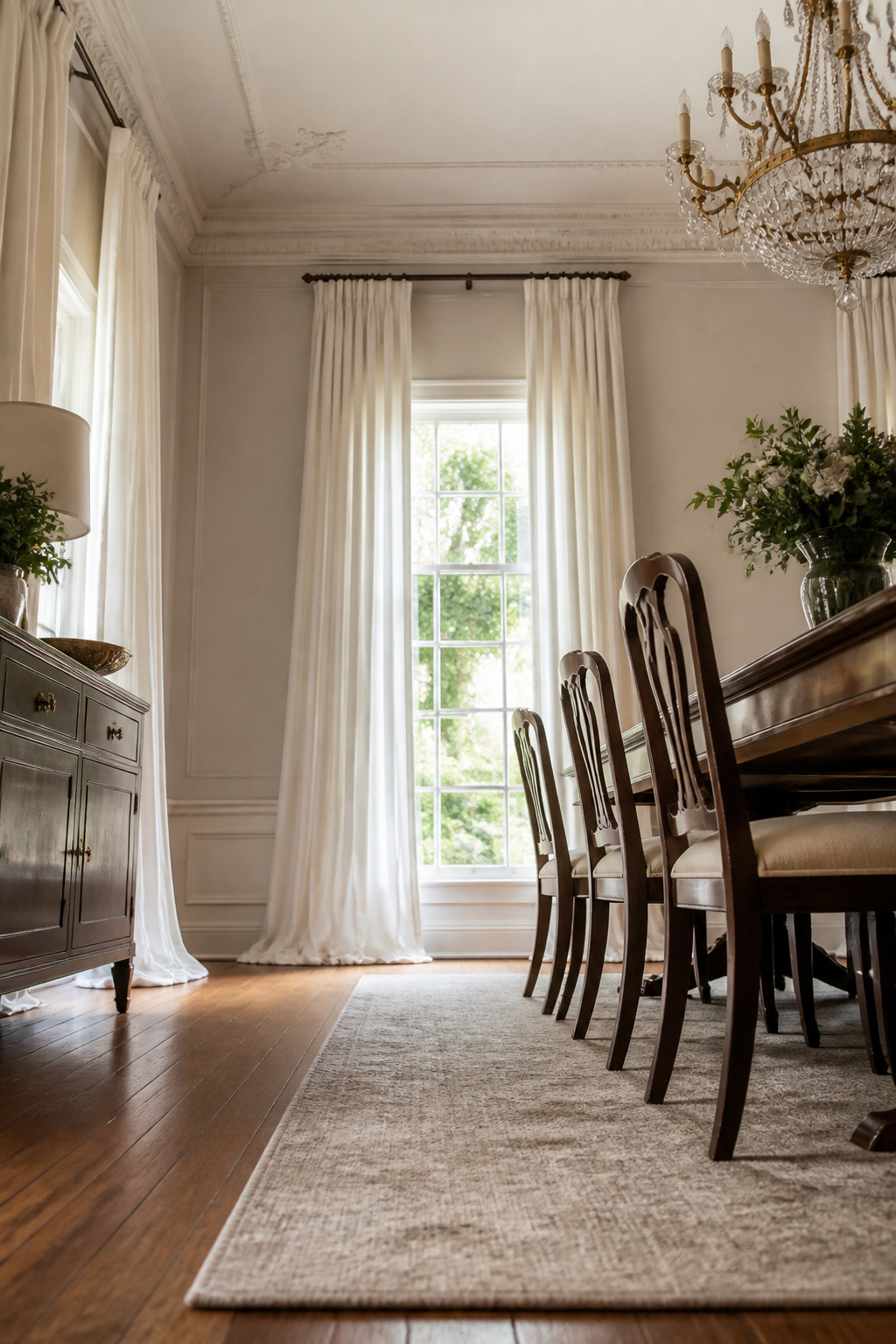 Dining room with floor-length curtains creating vertical lines.