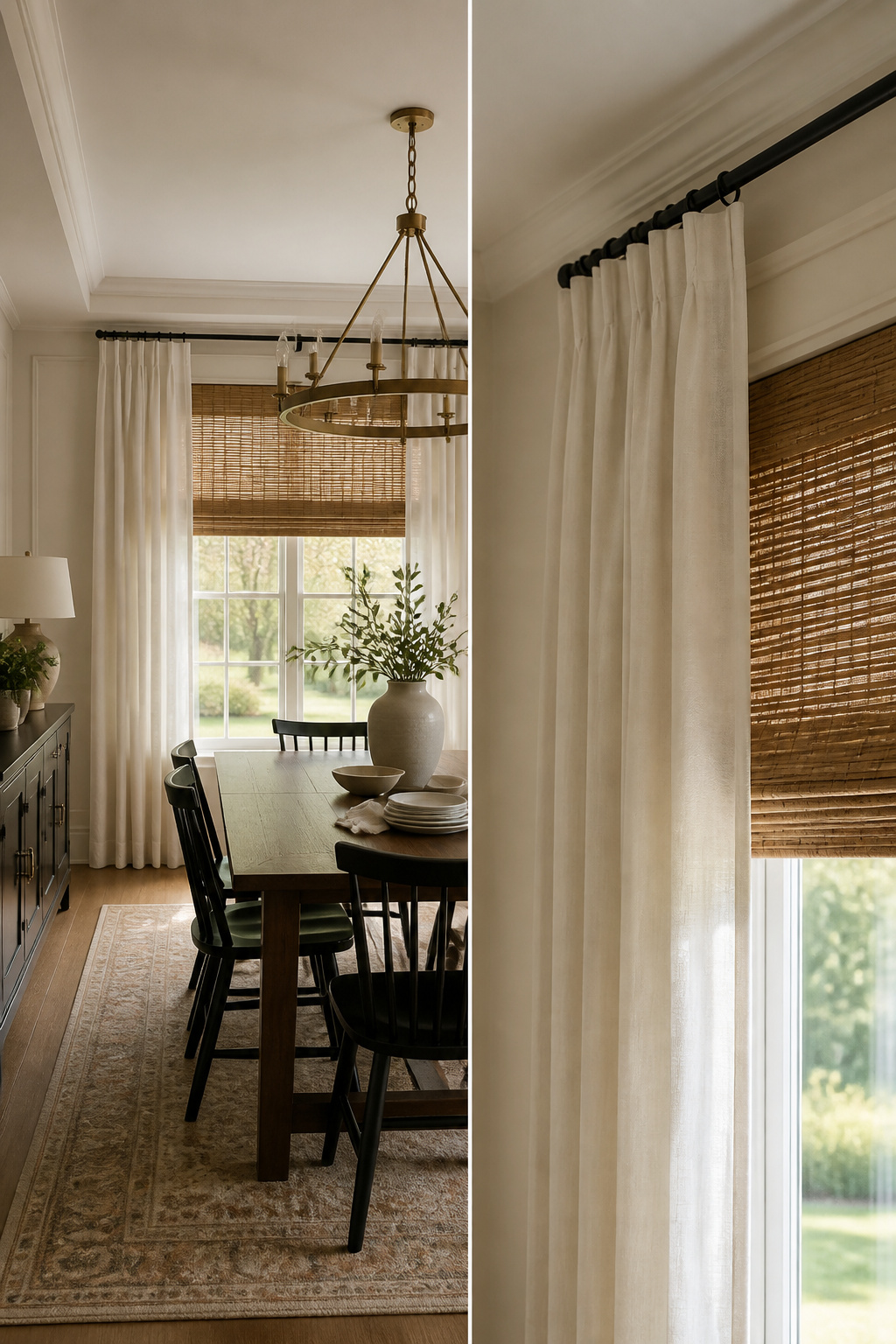 Dining room showcasing layered shades beneath decorative curtains.