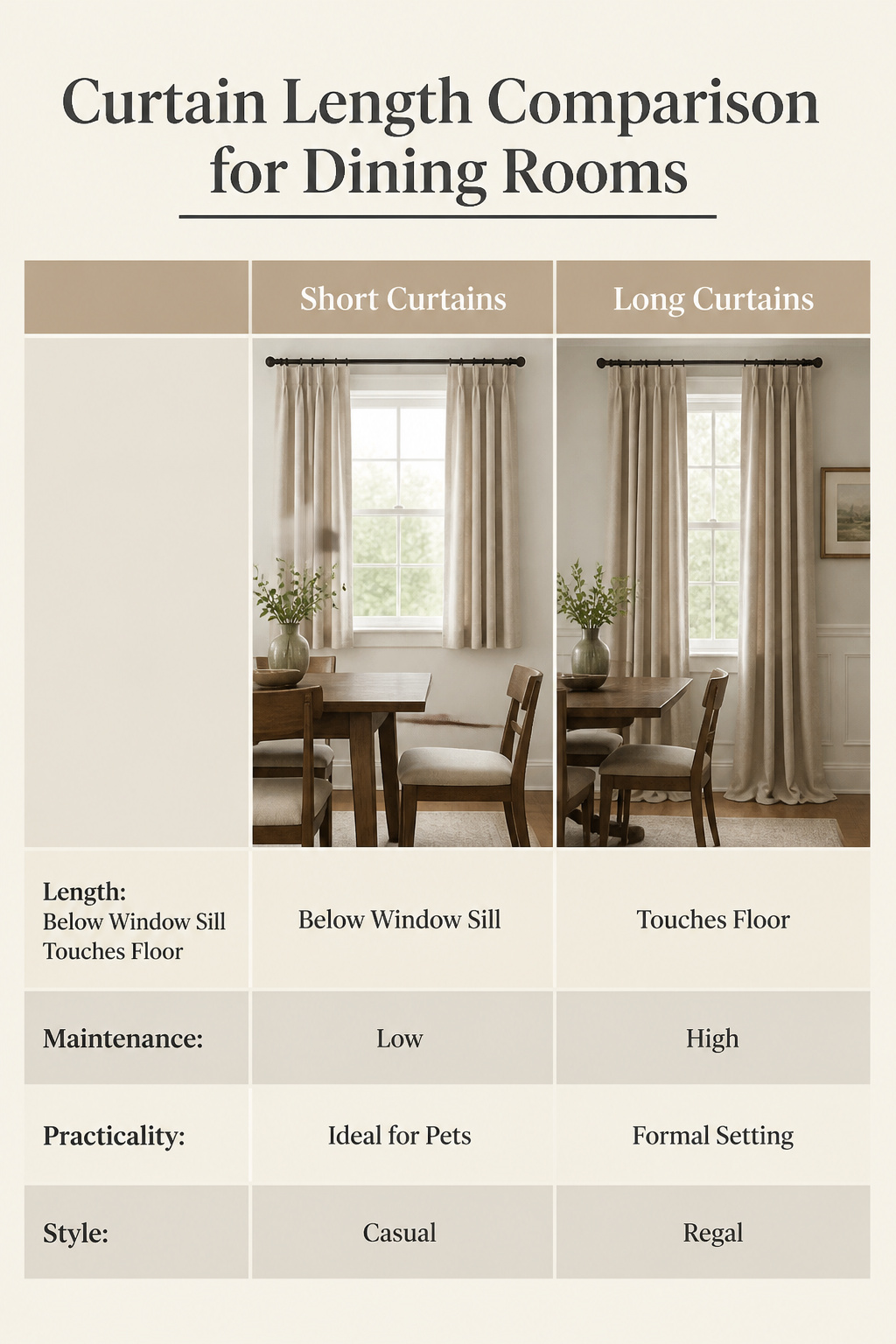 Comparison of short and long curtain lengths for dining rooms.