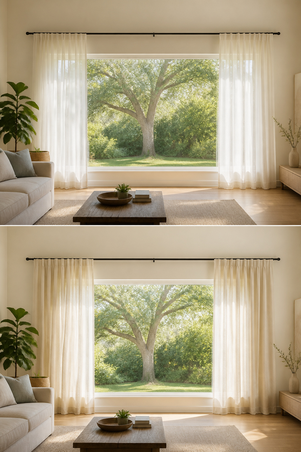 Curtains on either side of a wide window, leaving the center open.