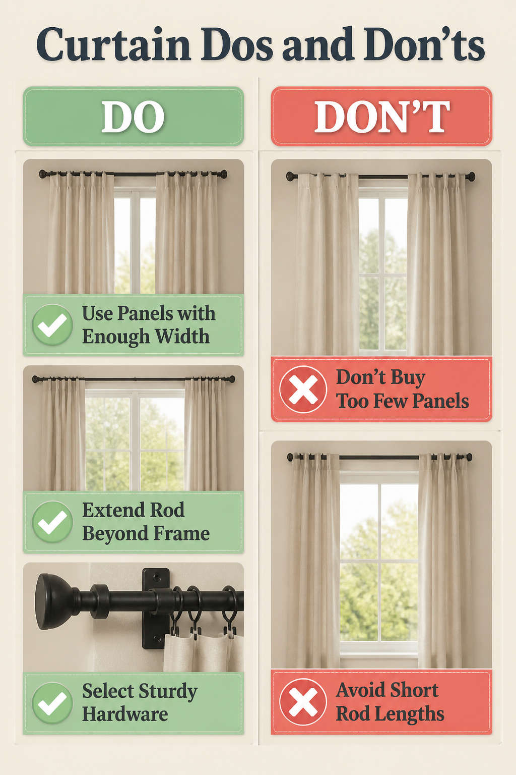 A visual guide showing common mistakes in curtain panel width.
