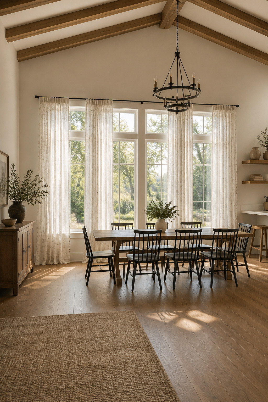 Several narrow curtain panels arranged across a wide window.