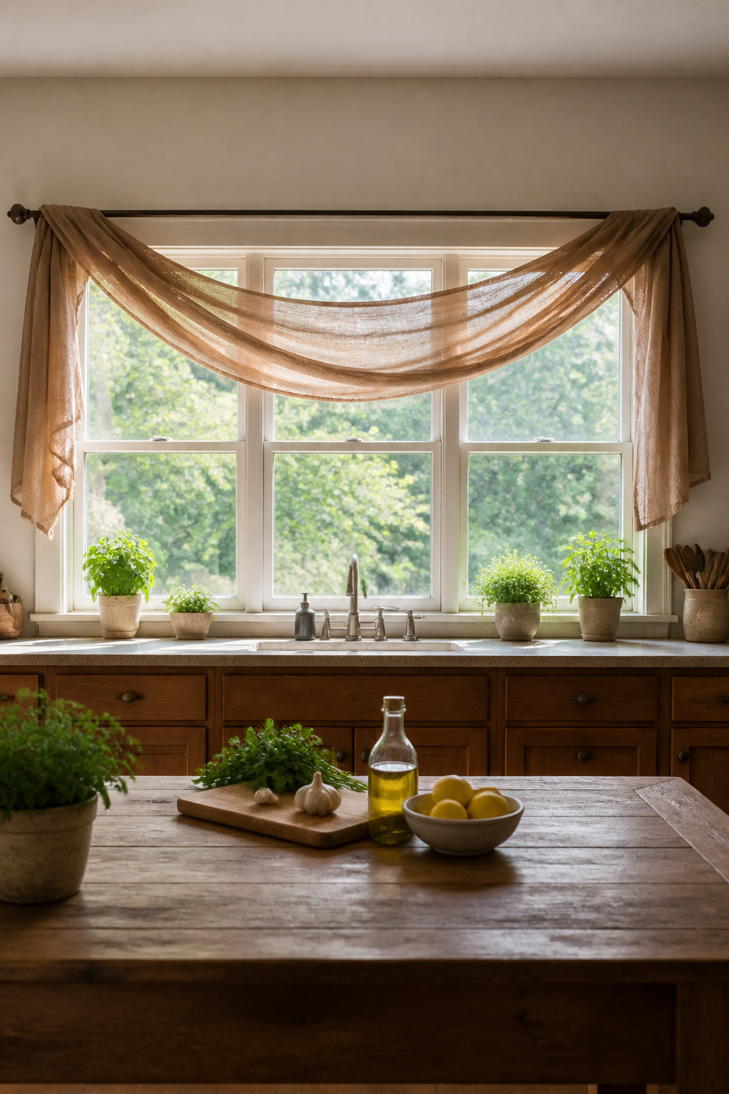 A fabric scarf draped over a rod above a wide window.