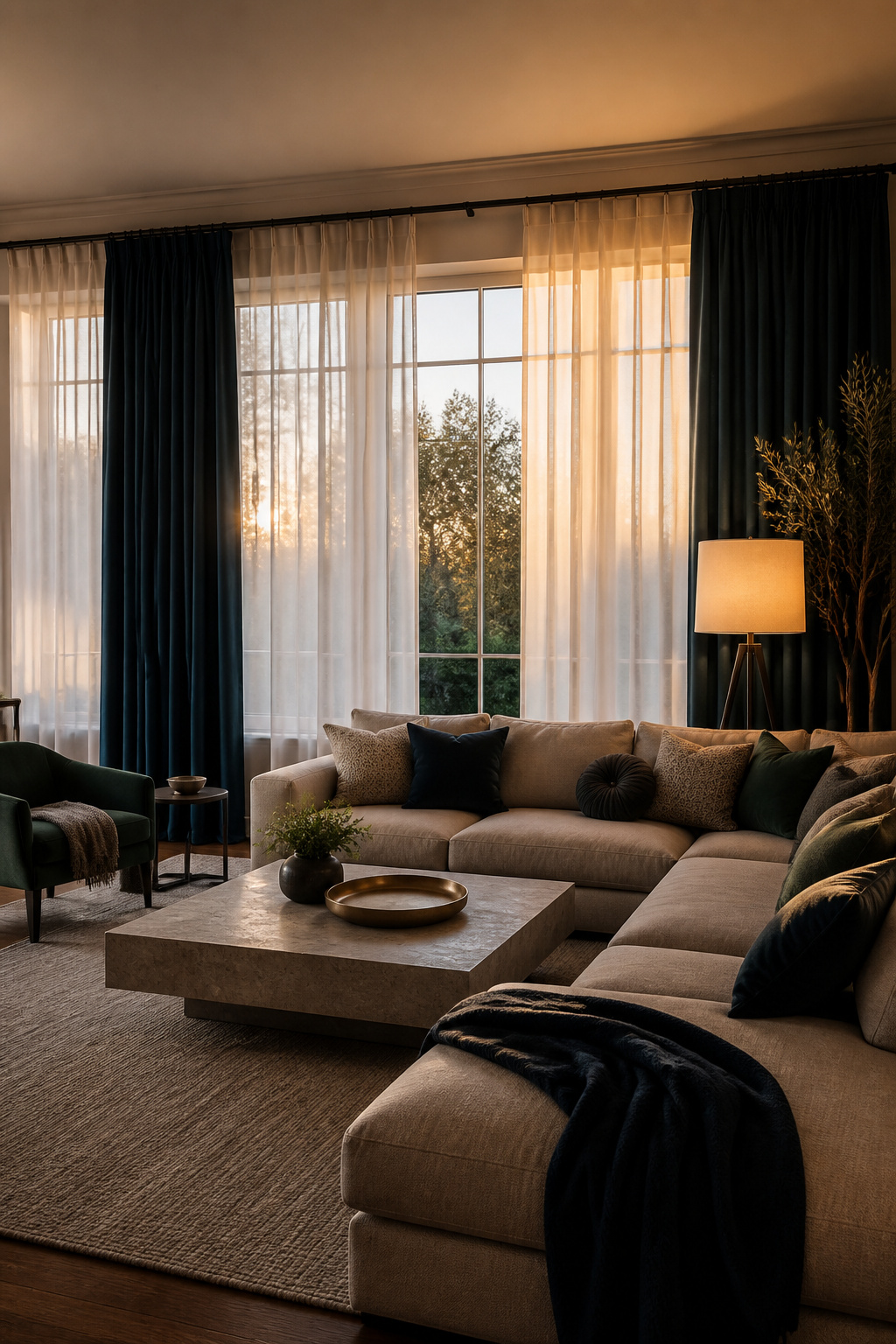 Rich velvet and lighter linen curtains layered in front of a wide window.
