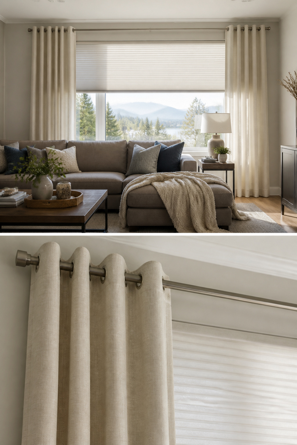Cellular shades paired with decorative curtains on a wide window.