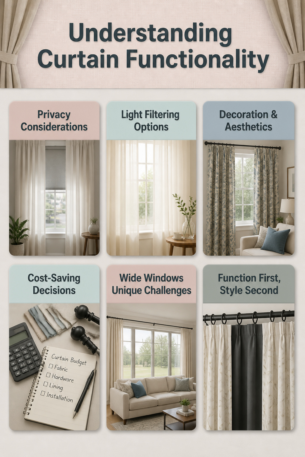 An informative graphic about curtain functionality for wide windows.