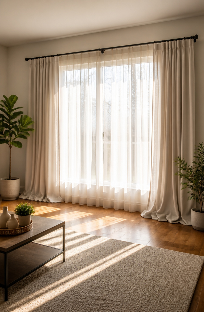 A solid metal curtain rod with brackets installed above a wide window.