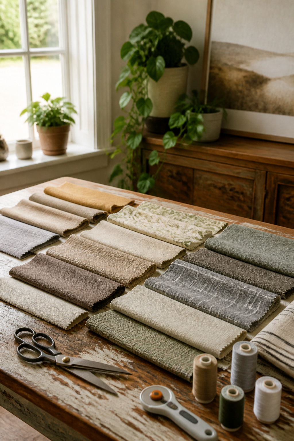 A selection of fabric swatches displayed on a wooden table with tools.