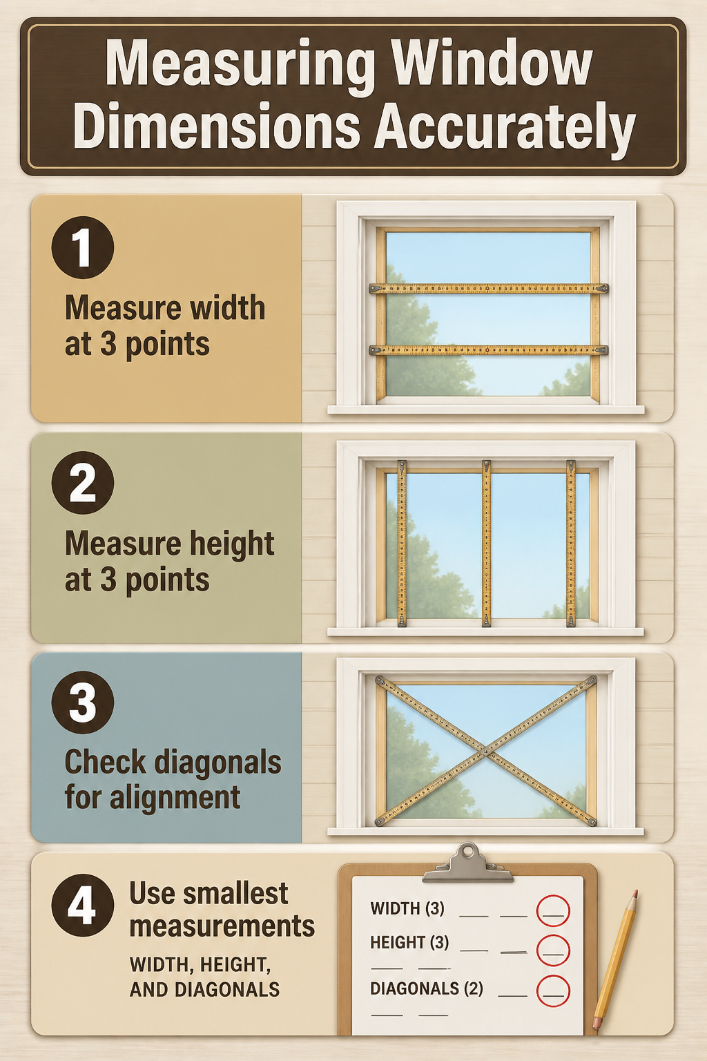 A folding rule measuring window dimensions on a wooden frame.
