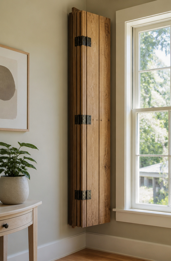 Elegant bifold shutters folded against a sunlit wall.