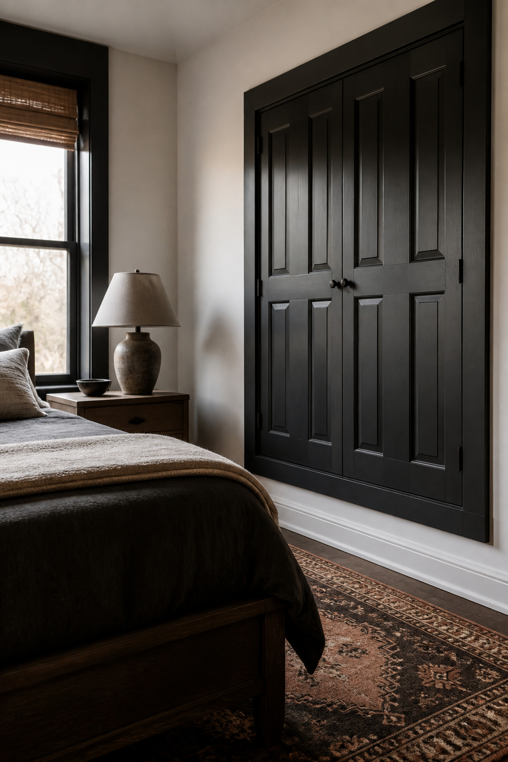 Deep charcoal solid panel shutters against a white wall.