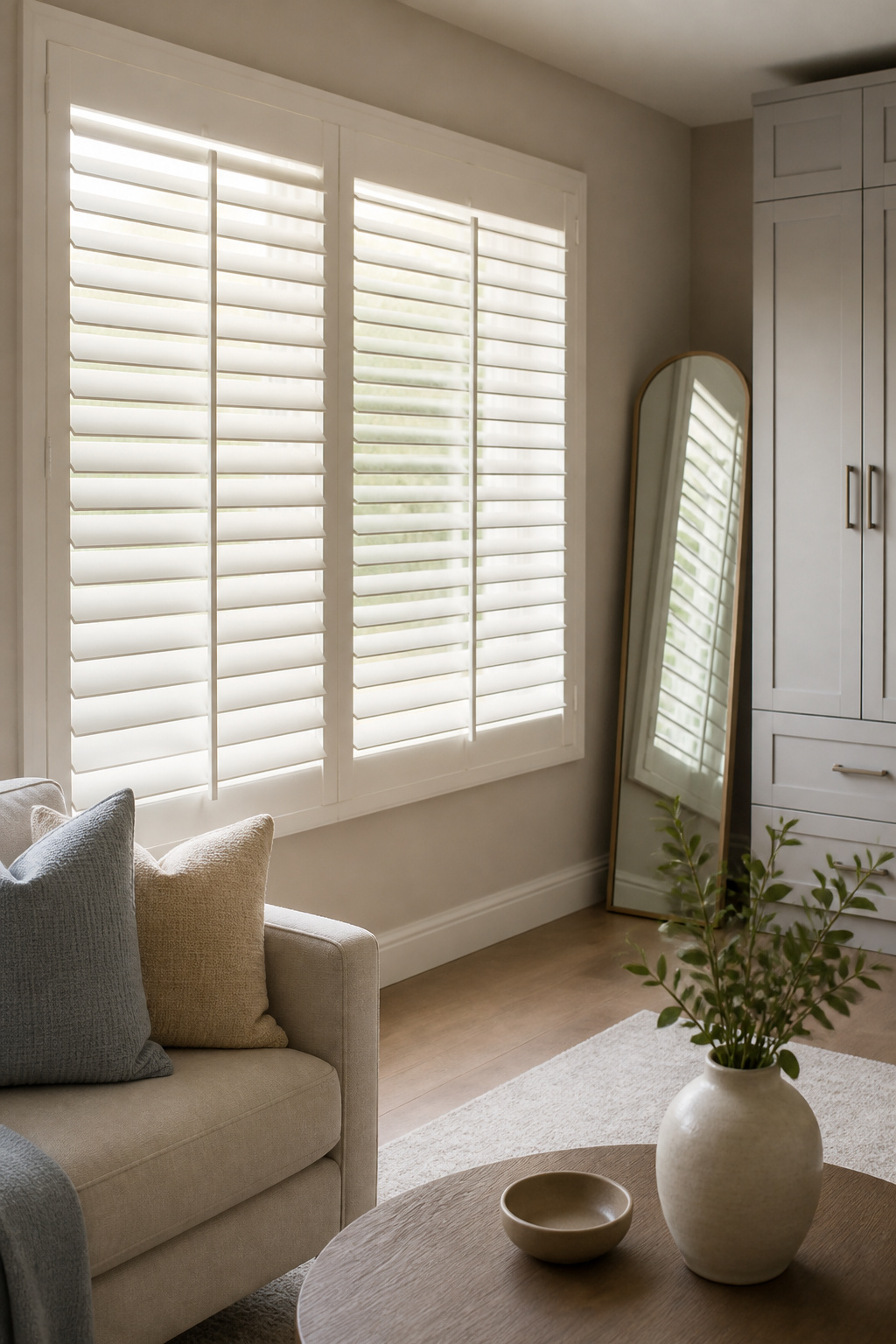 Wide plantation shutters with alabaster-colored louvers in a room.