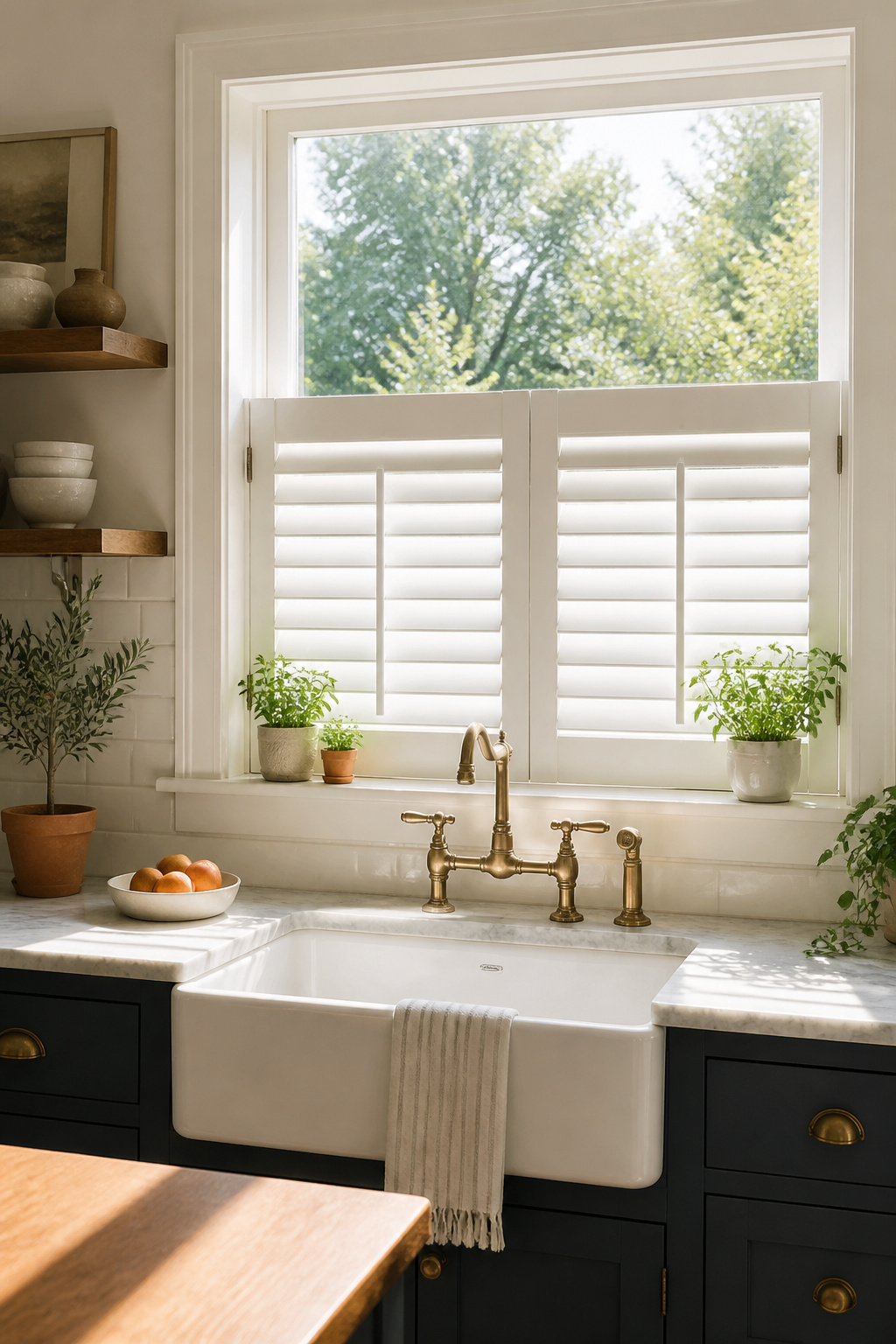 Cafe shutters on a kitchen window allowing light while providing privacy.