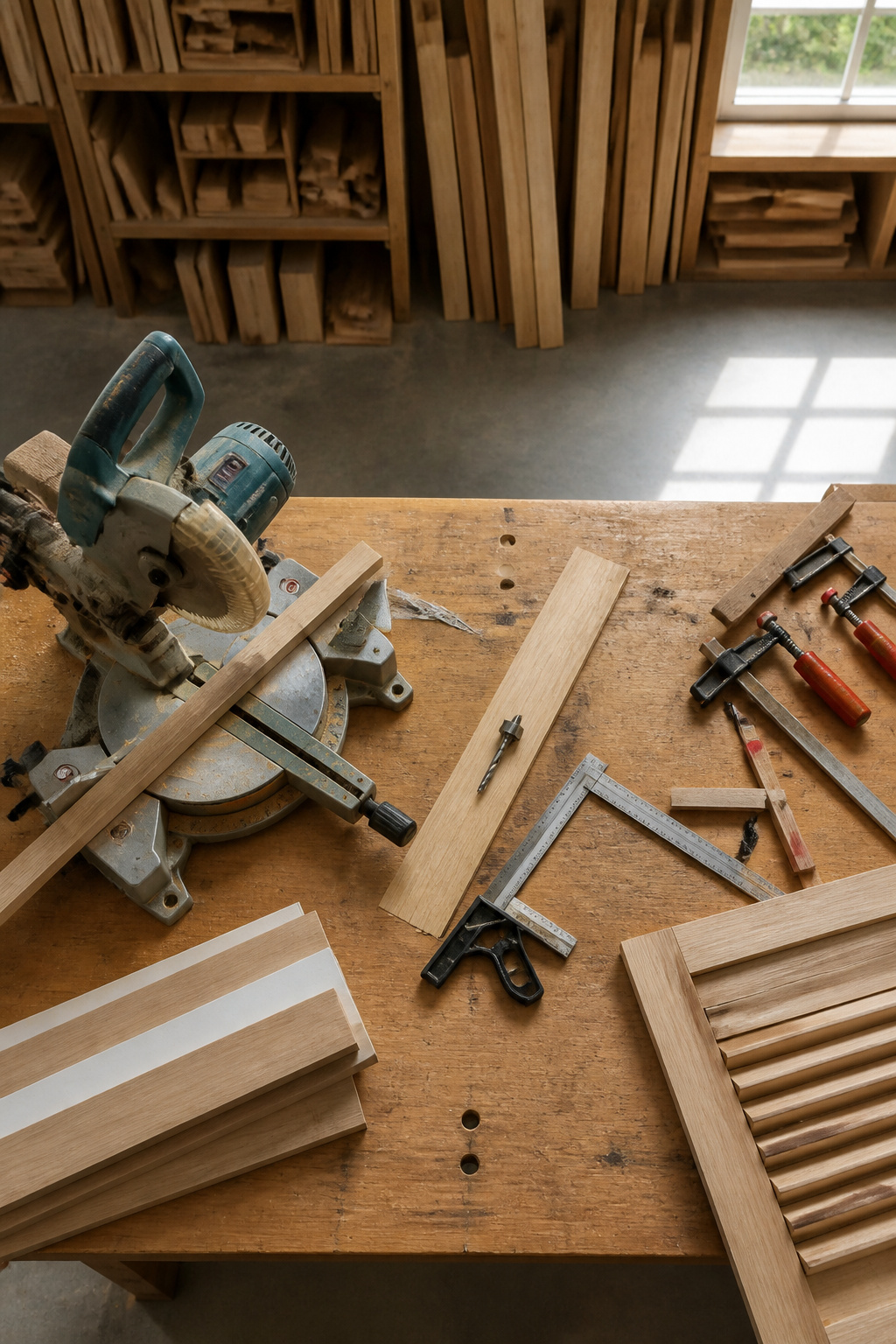 Tools including a miter saw and clamps ready for shutter construction.