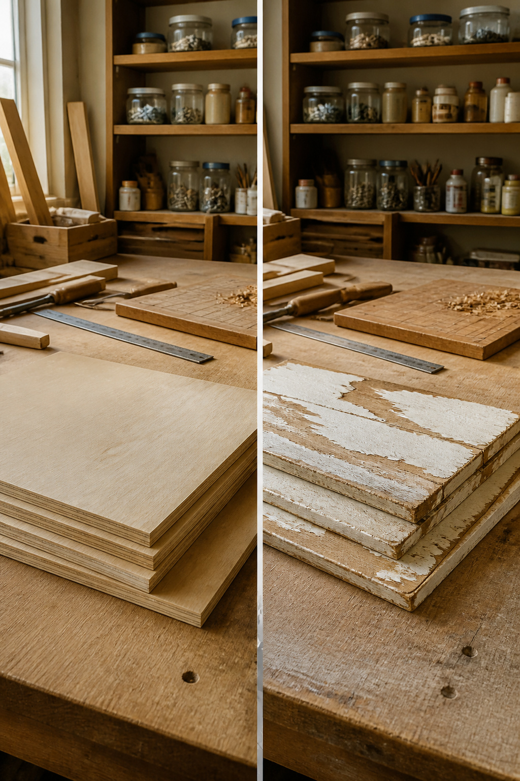 Birch plywood sheets stacked, ready for DIY shutter construction.