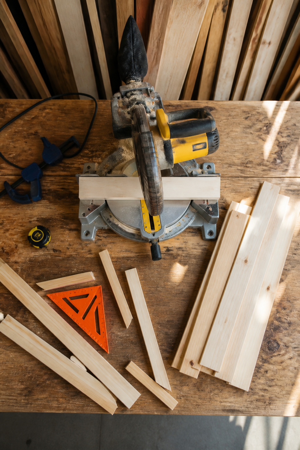 A miter saw cutting wood pieces for interior window shutters.