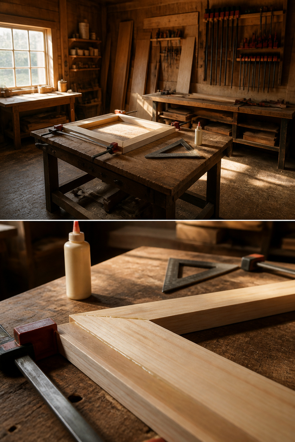 Wood frame assembly for shutters, showing glue and clamps.