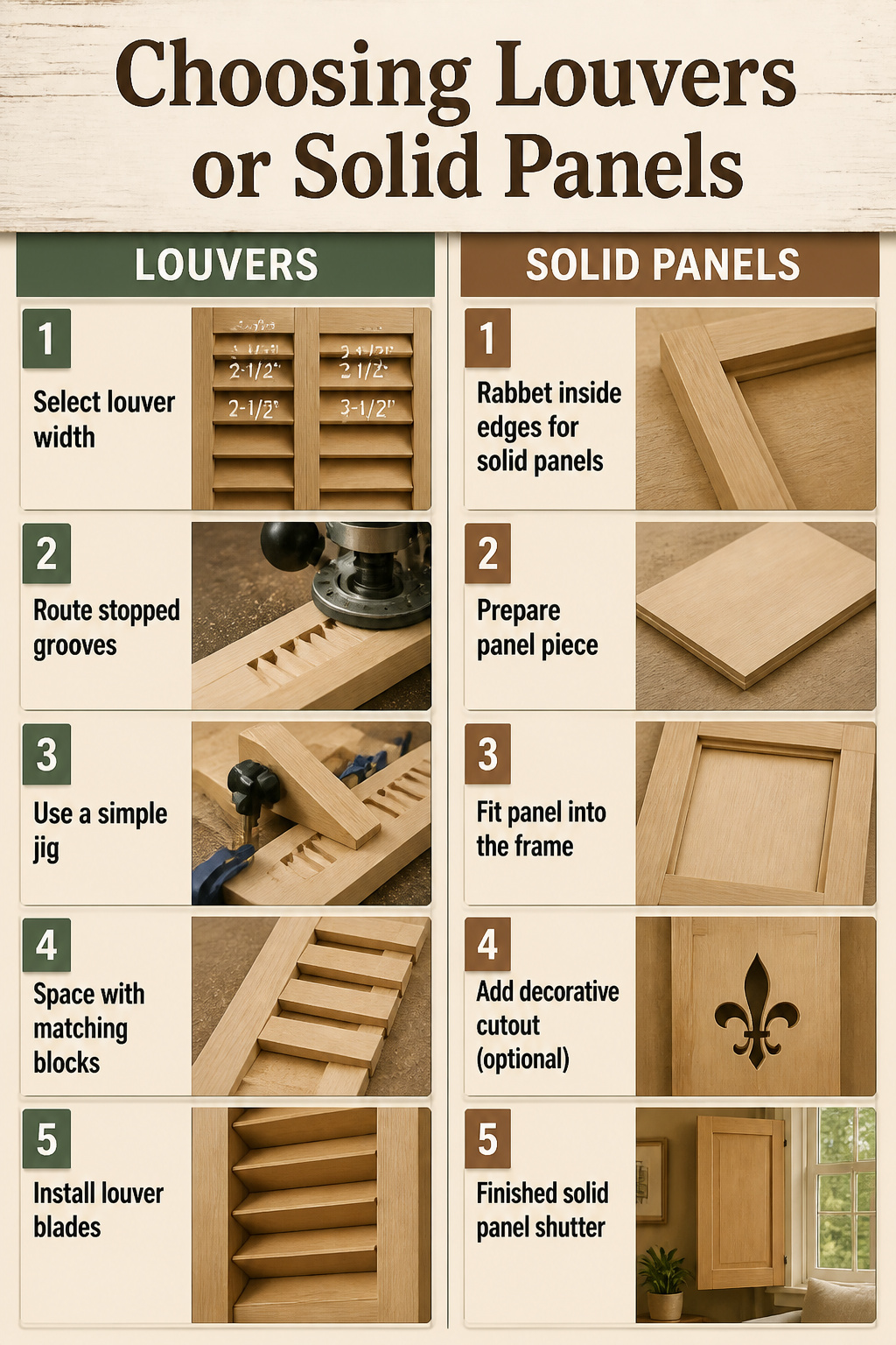 Different widths of louvers displayed for interior window shutters.