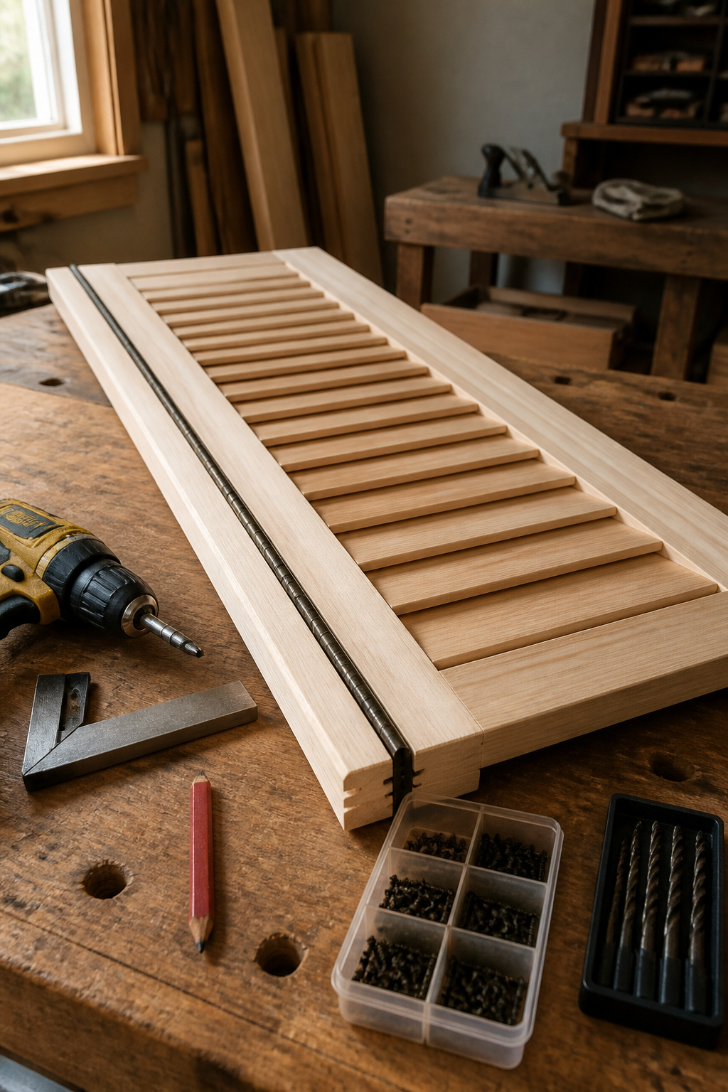 Hinge placement marked on a shutter panel for installation.