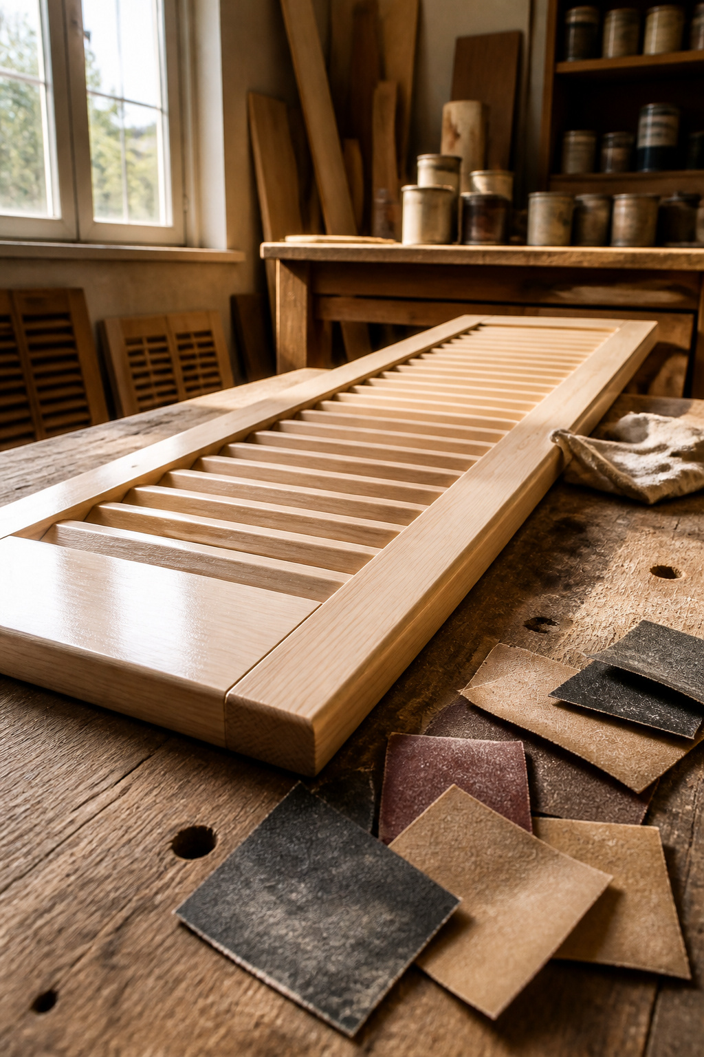 Sanding a shutter panel with sandpaper for a smooth surface.
