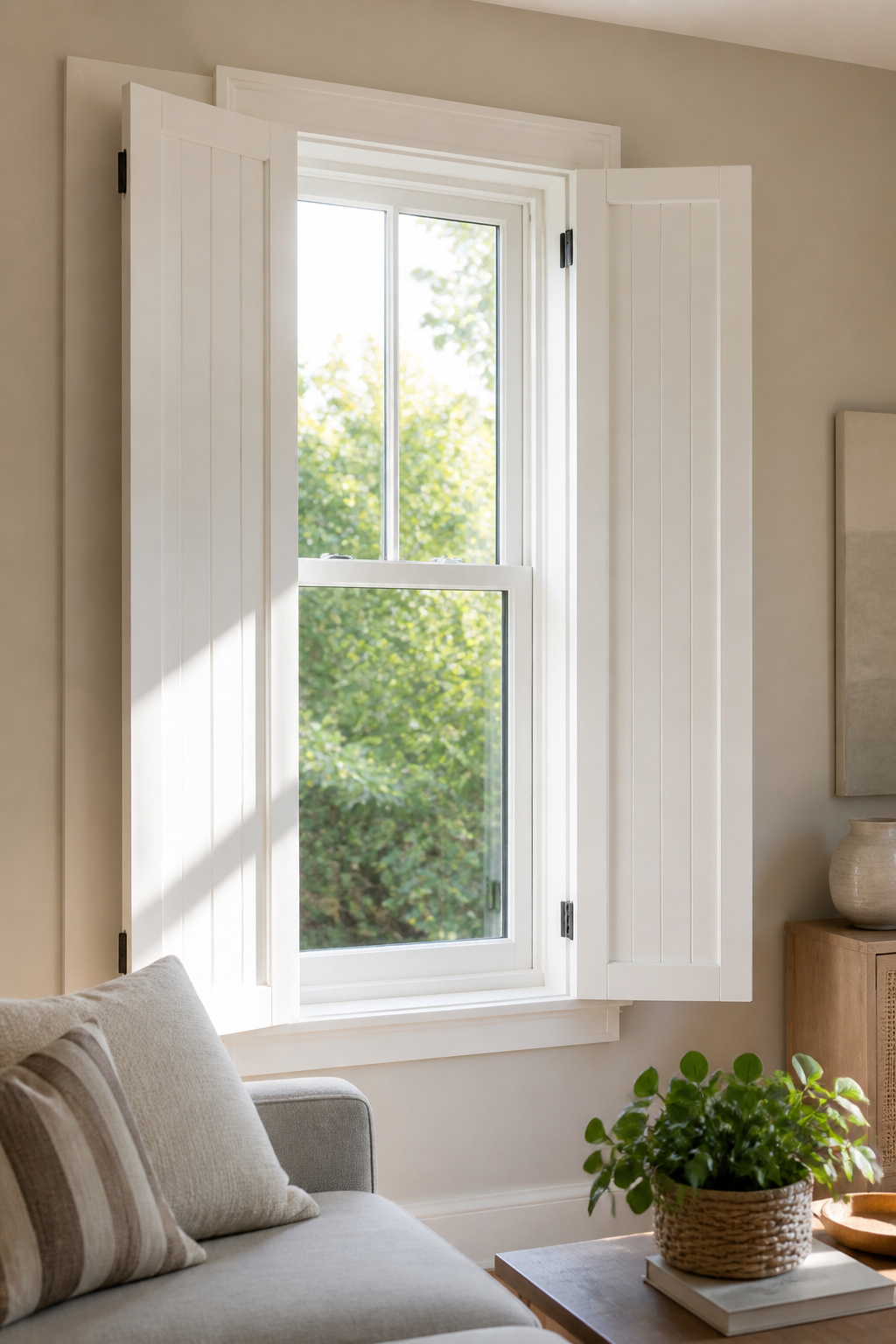 Full-height hinged shutters painted white, framing a sunny window.
