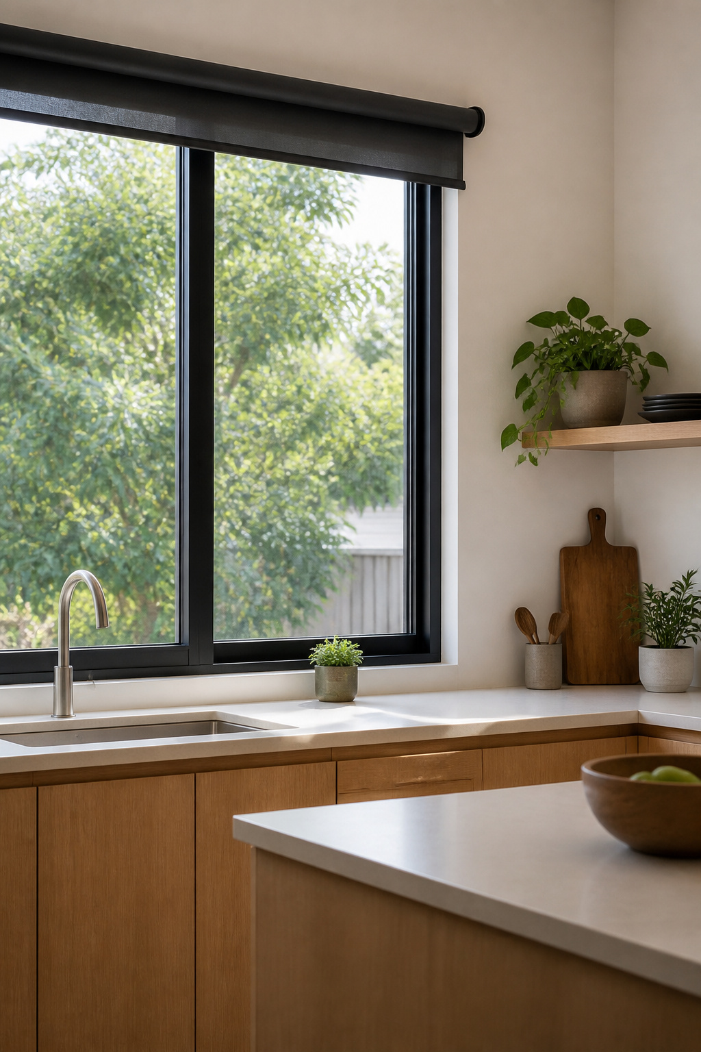 Fabric Window Shades: What to Know Before Buying for 2026 2 Roller shade in dark gray rolled up in a modern kitchen.