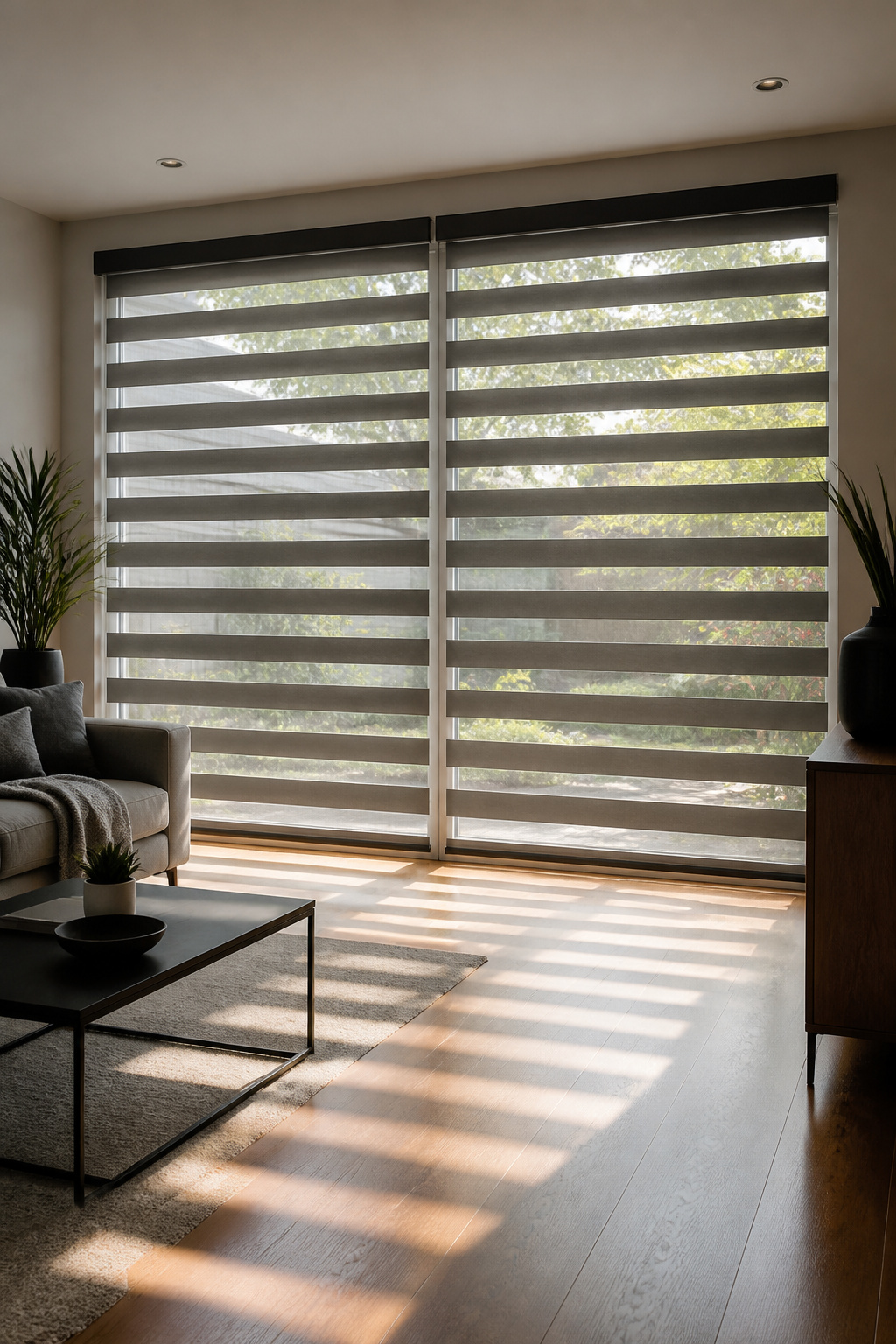 Fabric Window Shades: What to Know Before Buying for 2026 4 Zebra shades elegantly showcasing light and shadow contrasts.