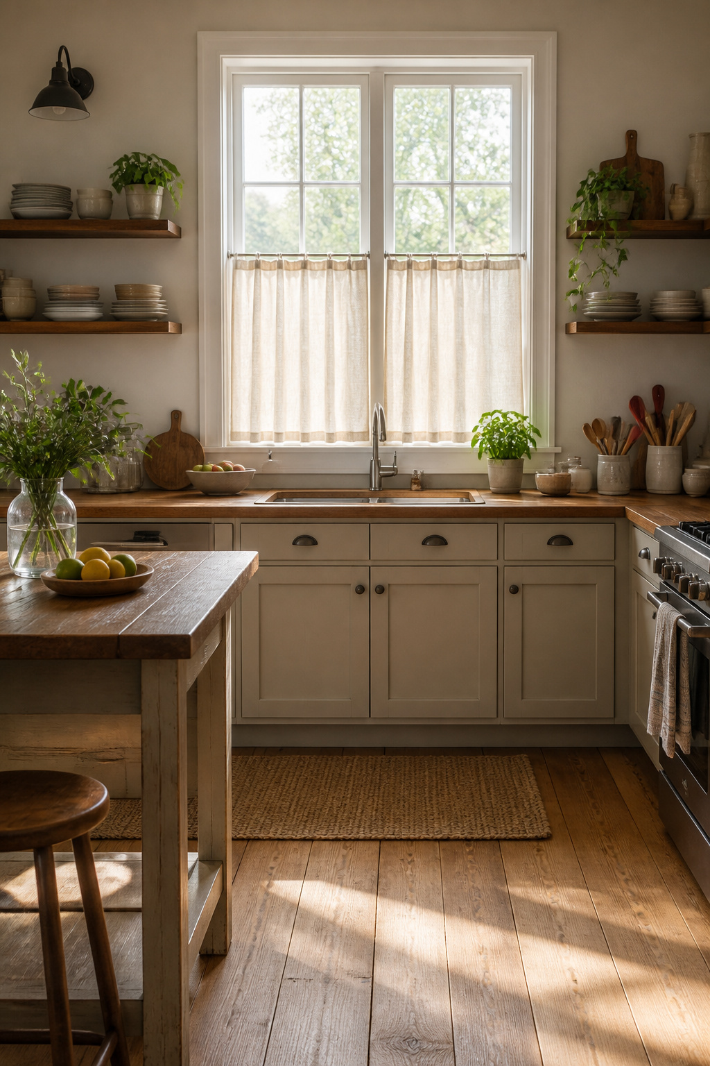 Café curtains covering the lower half of a kitchen window.