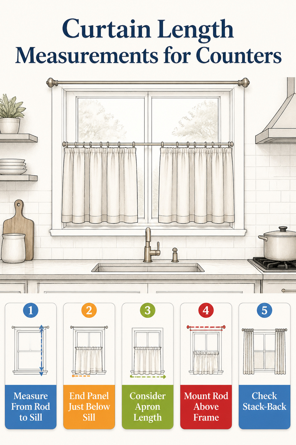 Image illustrating curtain length measurements for kitchen counters.