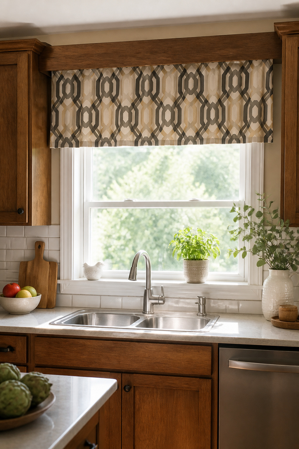 Stylish geometric print valance over a kitchen window.
