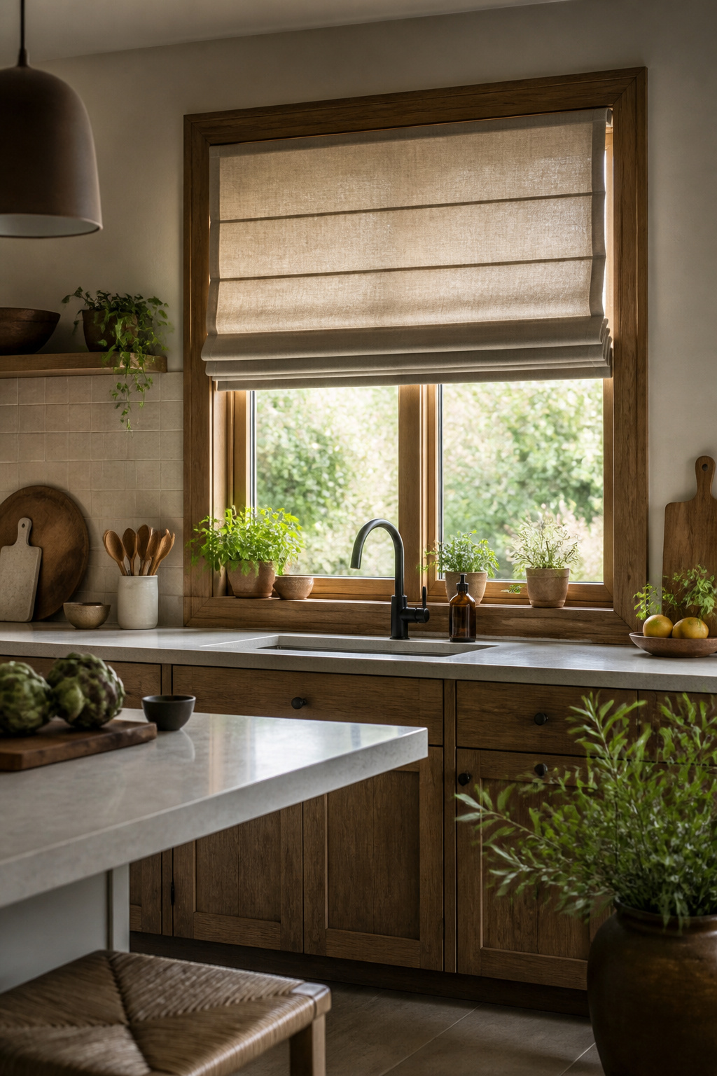 Elegant Roman shades in horizontal folds above a kitchen window.