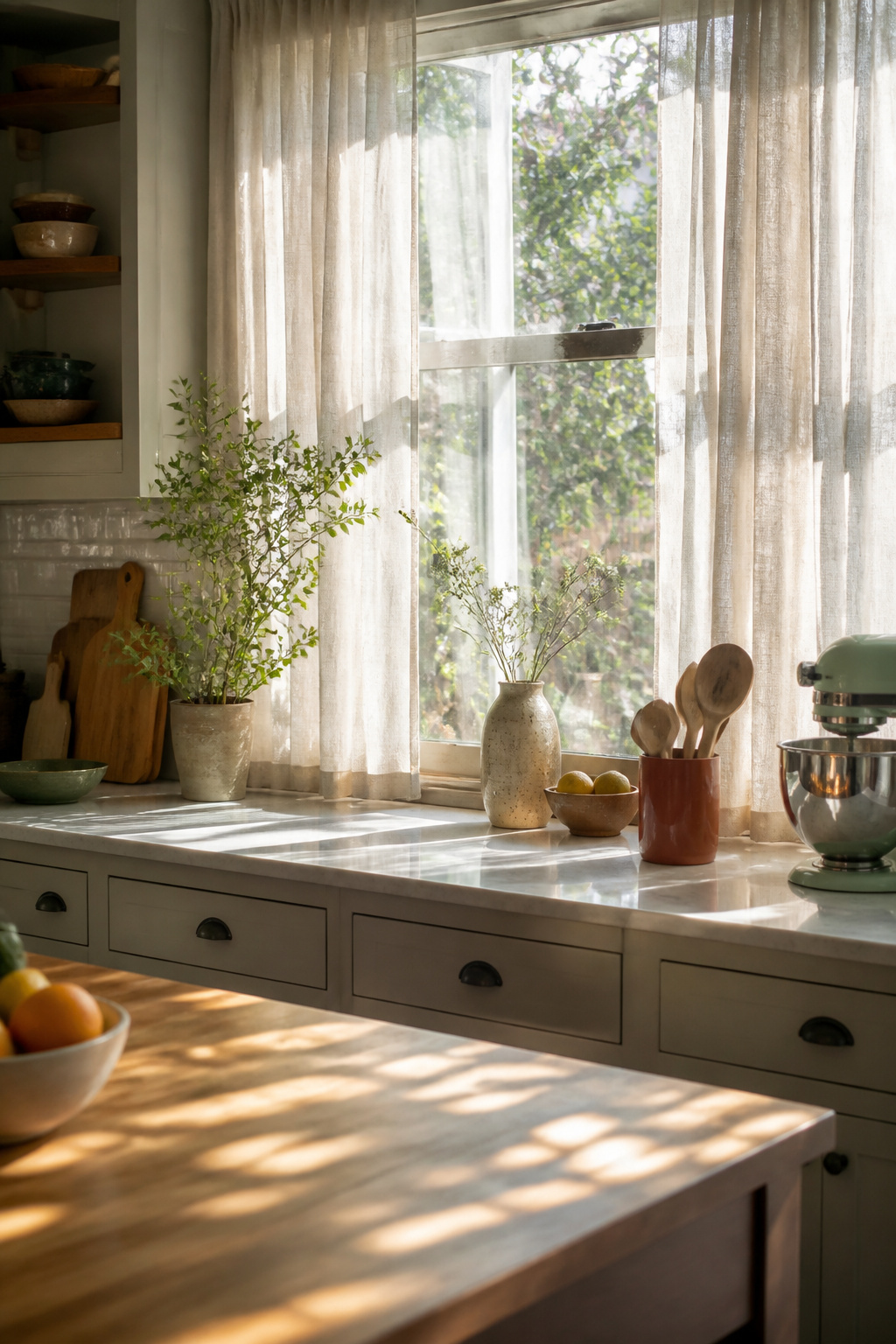 Light sheer curtains gently billowing in front of a kitchen window.