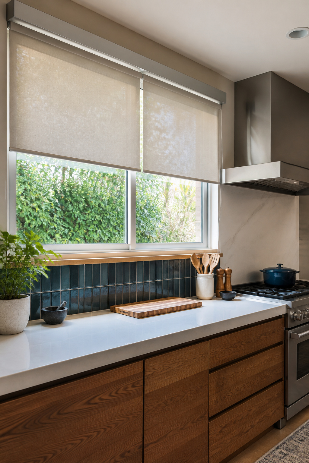 Modern roller shades mounted above a large kitchen window.