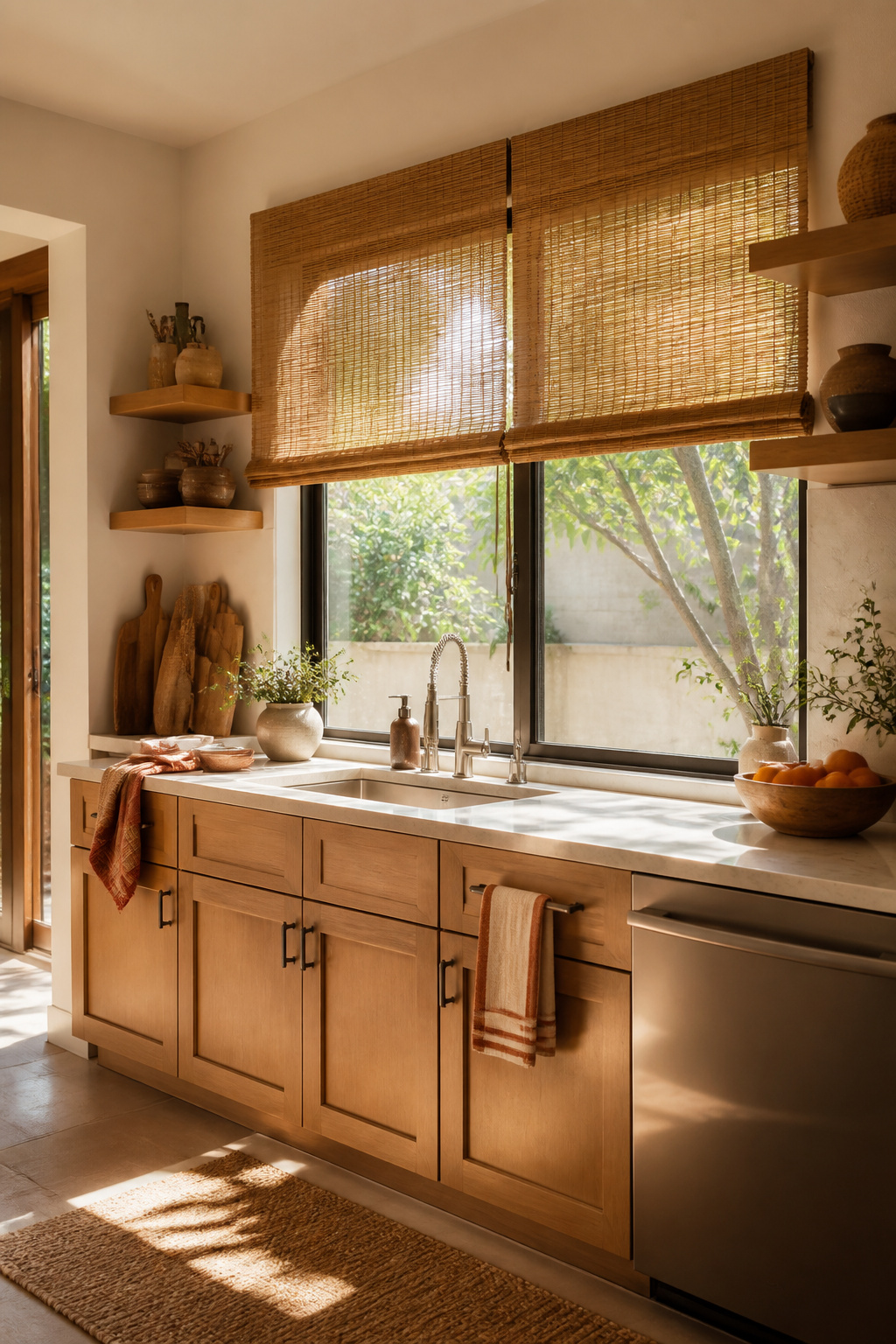 Natural woven shades hanging over a wide kitchen window.