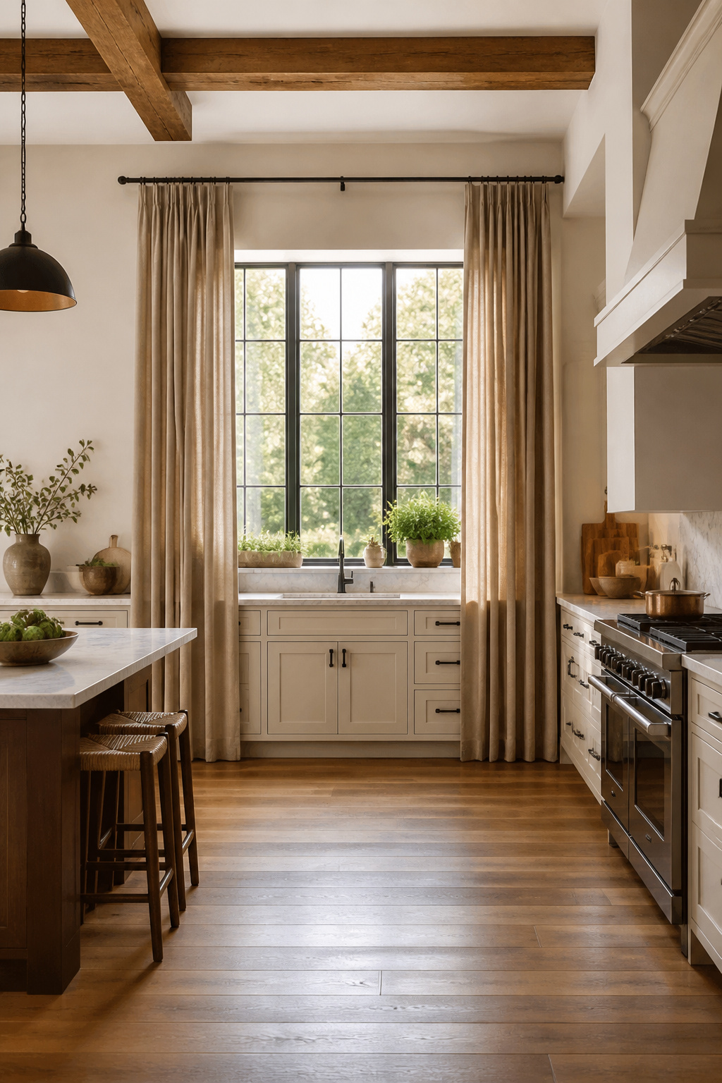 Floor-length drapes framing a tall kitchen window.