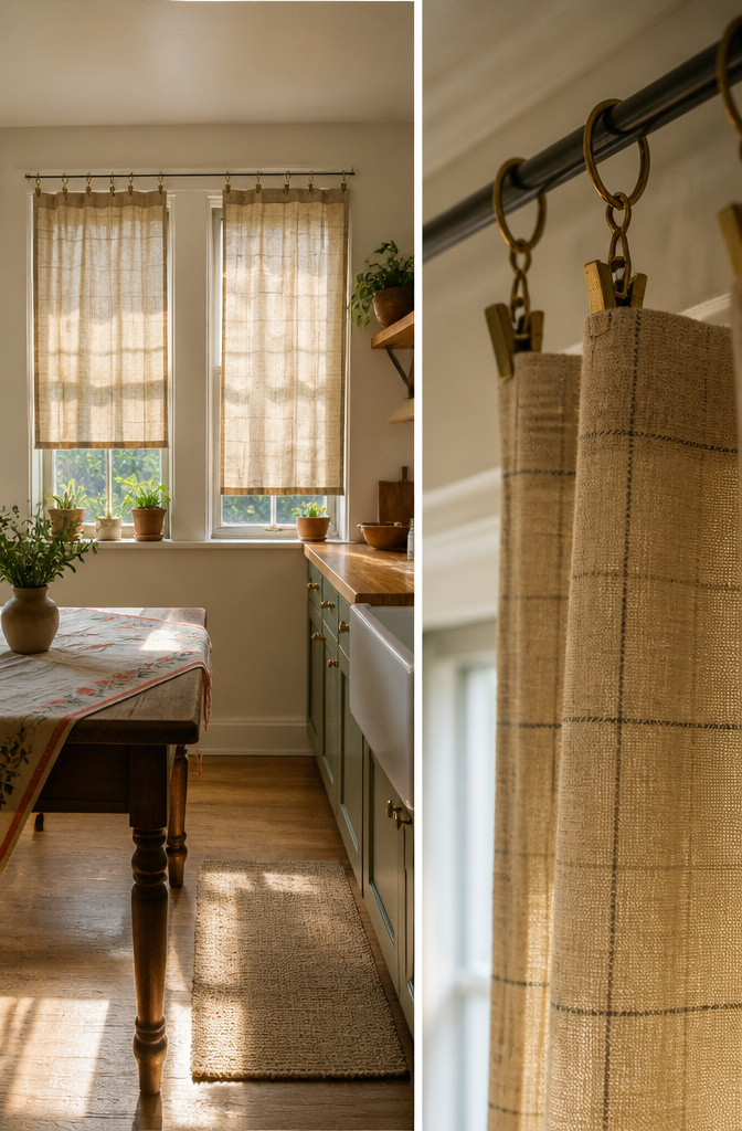 Drop cloth curtains hanging in a kitchen window.