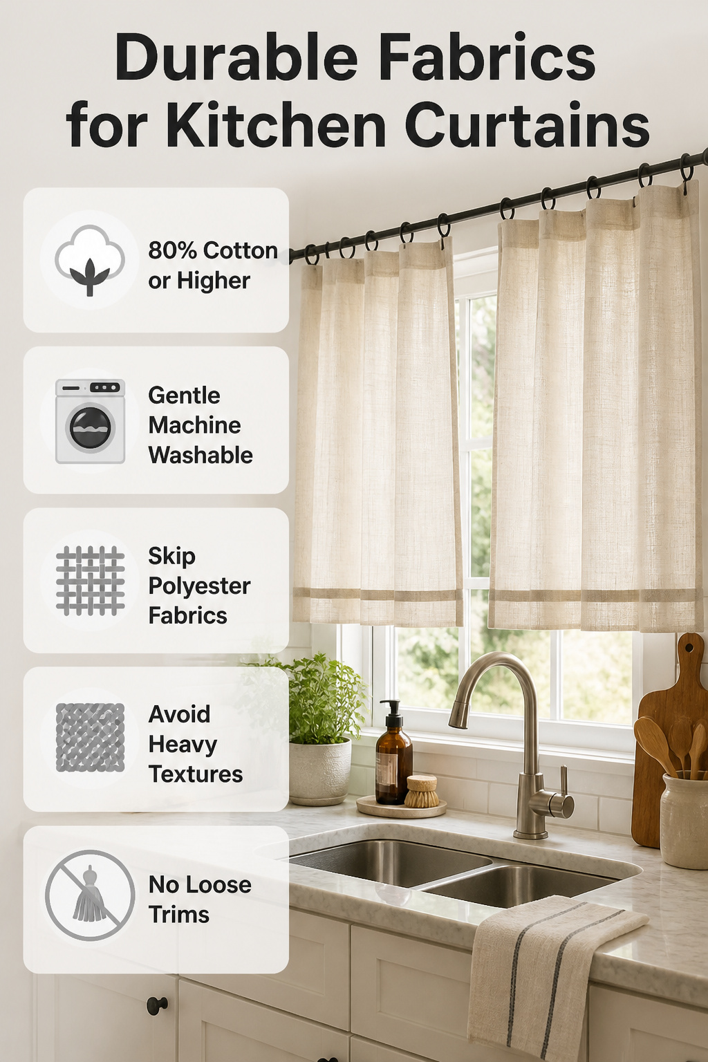 Information image showing durable fabrics suitable for kitchen curtains.
