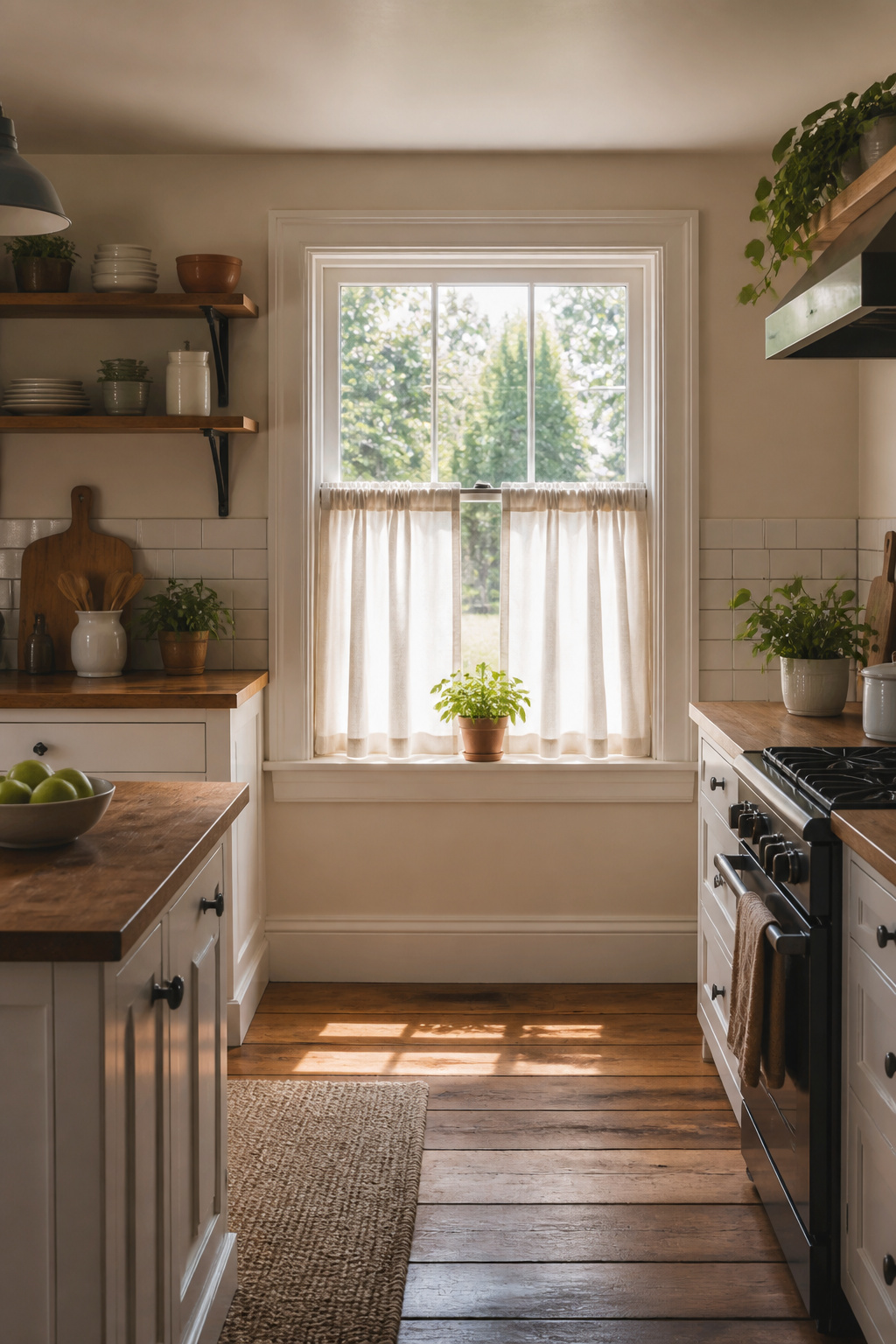 Kitchen Window Curtains: Styles, Fabrics, and How to Choose 1 A kitchen window with tiers and cafe curtains covering the lower half.